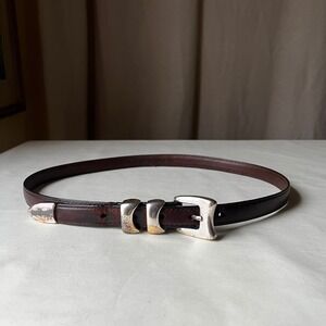 Vintage Brown Leather Belt 0.75" Silver Buckle Size M/L Oil Tanned Cowhide